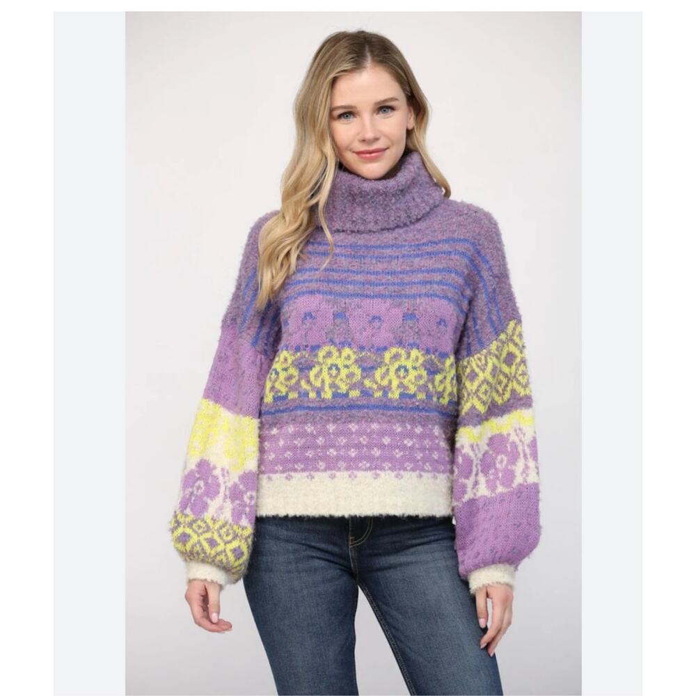 NEW Fate Never Miss Floral Pattern Fuzzy Sweater Purple S Wool Blend Colorful